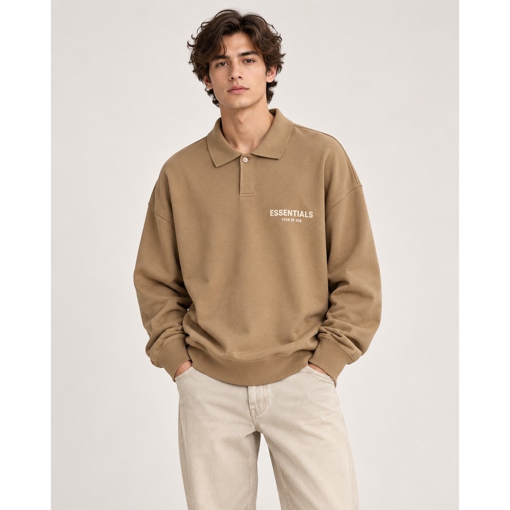 Fear of God Essentials Mens Polo Sweatshirt Tan Beige XL Long Sleeve Pullover